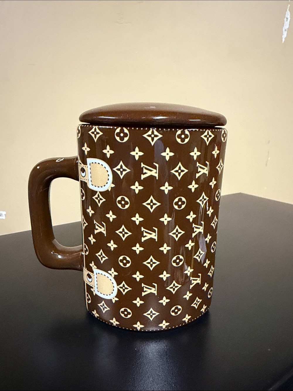 Louis Vuitton Brown and Cream Monogram Ceramic Mug with Lid